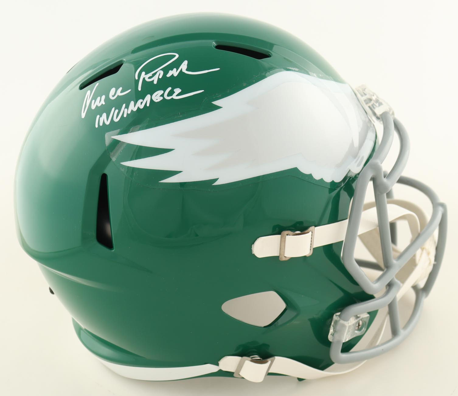 Vince Papale Signed Eagles Full-Size Throwback Speed Helmet Inscribed "Invincible" (JSA) at PristineAuction.com Vince Papale Signed Eagles Full-Size Throwback Speed Helmet Inscribed "Invincible" (JSA) at PristineAuction.com