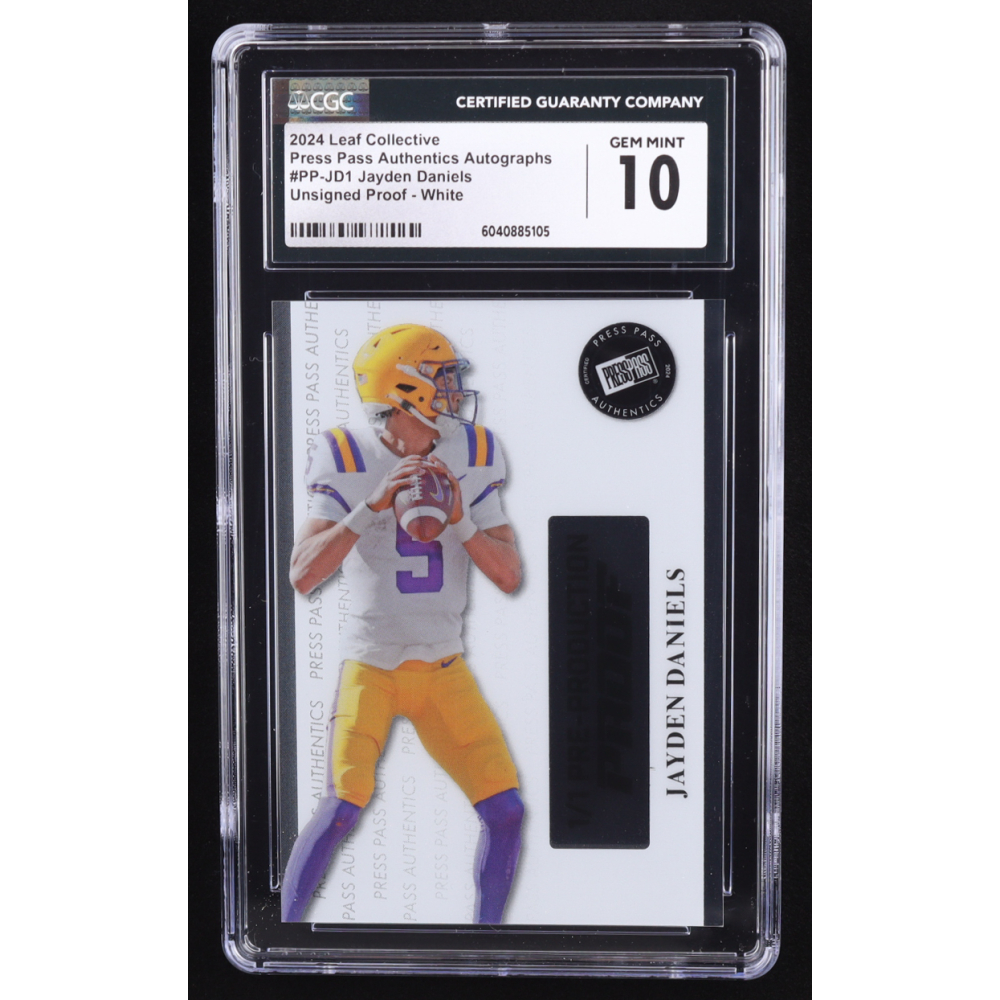 Jayden Daniels 2024 Leaf Press Pass White Pre-Production Proof #PPJD1 RC #1/1 (CGC 10) at PristineAuction.com Jayden Daniels 2024 Leaf Press Pass White Pre-Production Proof #PPJD1 RC #1/1 (CGC 10) at PristineAuction.com