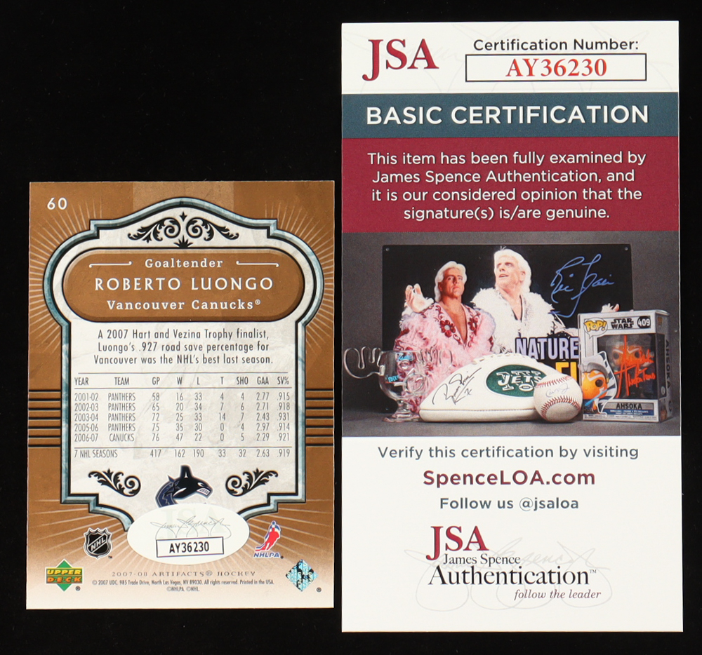Roberto Luongo Signed 2007-08 Artifacts #60 (JSA) at PristineAuction.com Roberto Luongo Signed 2007-08 Artifacts #60 (JSA) at PristineAuction.com