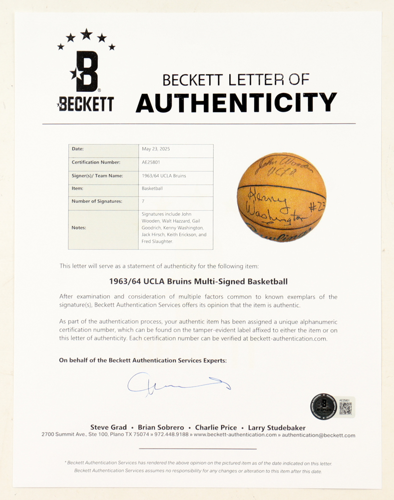 1963-64 UCLA Bruins Basketball Team-Signed By (7) Including John Wooden, Walt Hazzard, Gail Goodrich, Kenny Washington, Jack Hirsch, Keith Erickson & Fred Slaughter (Beckett) at PristineAuction.com 1963-64 UCLA Bruins Basketball Team-Signed By (7) Including John Wooden, Walt Hazzard, Gail Goodrich, Kenny Washington, Jack Hirsch, Keith Erickson & Fred Slaughter (Beckett) at PristineAuction.com