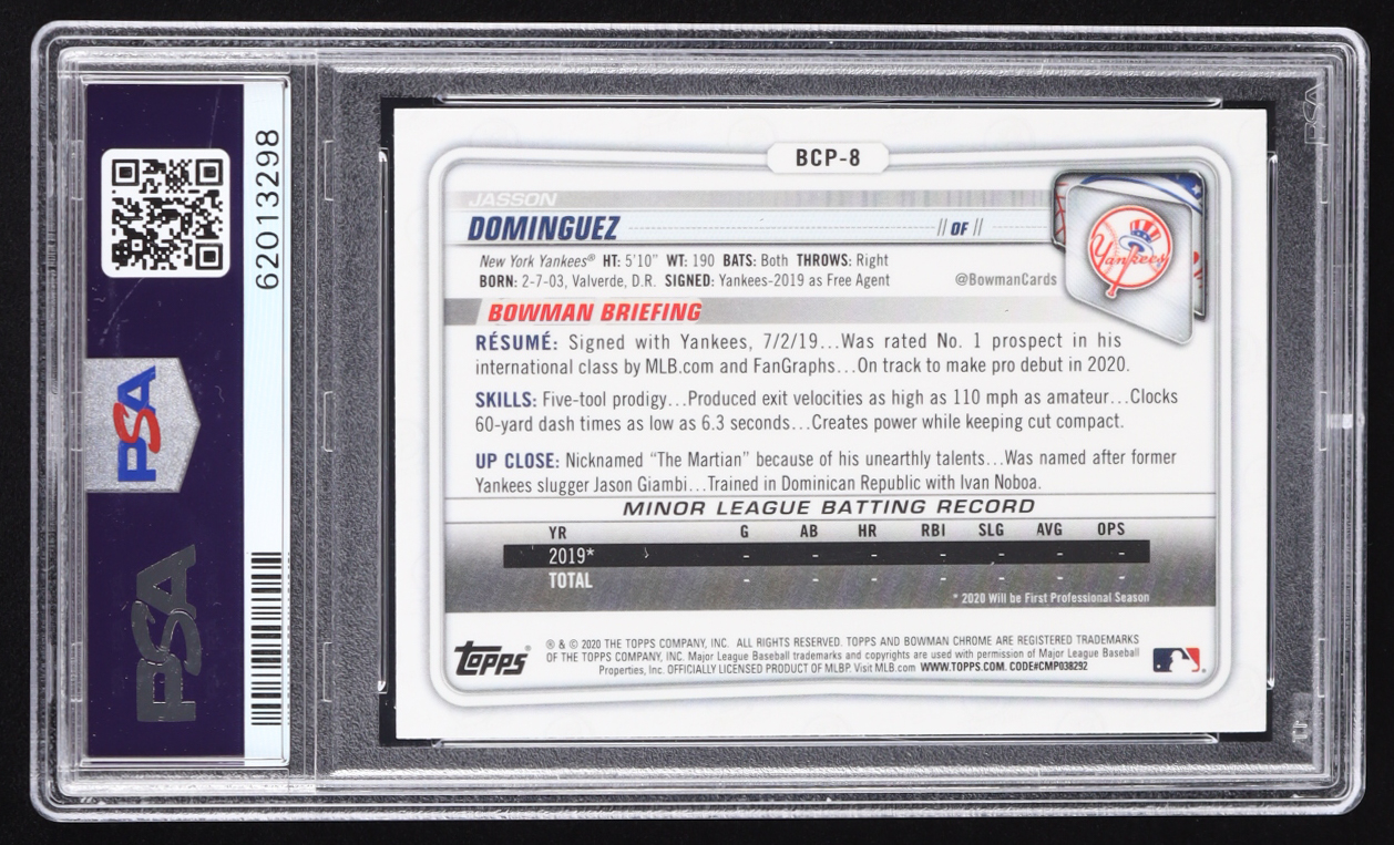 Jasson Dominguez 2020 Bowman Chrome Prospects #BCP8 RC (PSA 9) at PristineAuction.com Jasson Dominguez 2020 Bowman Chrome Prospects #BCP8 RC (PSA 9) at PristineAuction.com