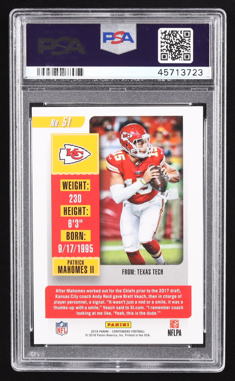 Patrick Mahomes II 2018 Panini Contenders #51 (PSA 10) at PristineAuction.com Patrick Mahomes II 2018 Panini Contenders #51 (PSA 10) at PristineAuction.com