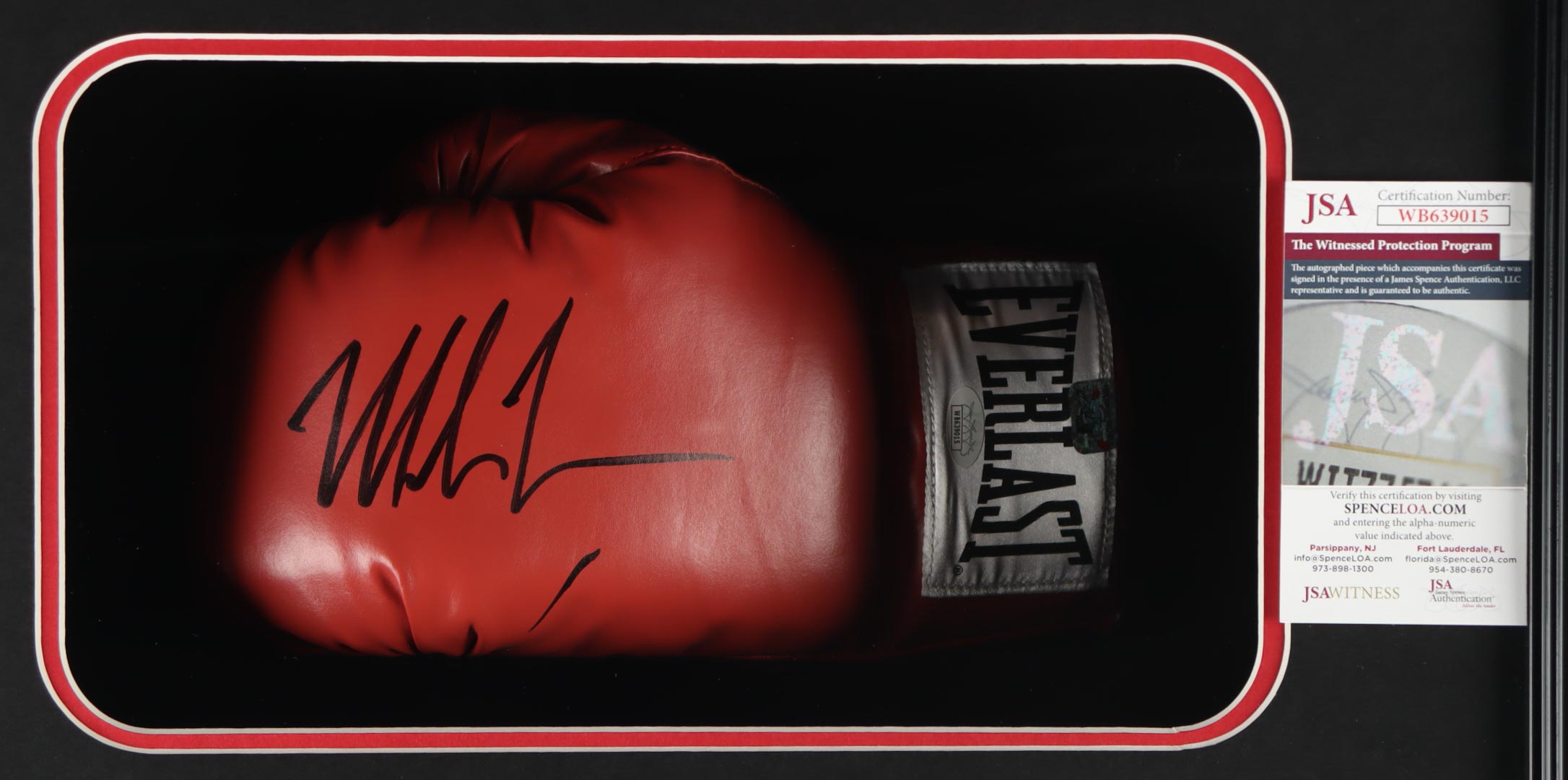 Mike Tyson Signed Custom Framed Shadowbox Everlast Boxing Glove Display (JSA & Tyson) at PristineAuction.com Mike Tyson Signed Custom Framed Shadowbox Everlast Boxing Glove Display (JSA & Tyson) at PristineAuction.com