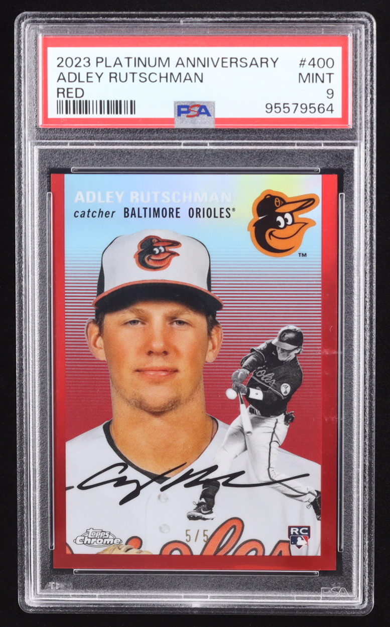 Adley Rutschman 2023 Topps Chrome Platinum Anniversary Red Refractors #400 RC #5/5 (PSA 9) at PristineAuction.com Adley Rutschman 2023 Topps Chrome Platinum Anniversary Red Refractors #400 RC #5/5 (PSA 9) at PristineAuction.com