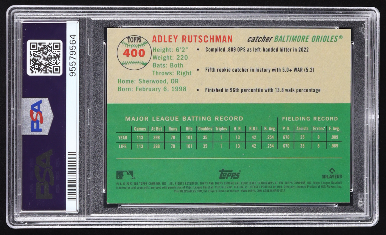 Adley Rutschman 2023 Topps Chrome Platinum Anniversary Red Refractors #400 RC #5/5 (PSA 9) at PristineAuction.com Adley Rutschman 2023 Topps Chrome Platinum Anniversary Red Refractors #400 RC #5/5 (PSA 9) at PristineAuction.com