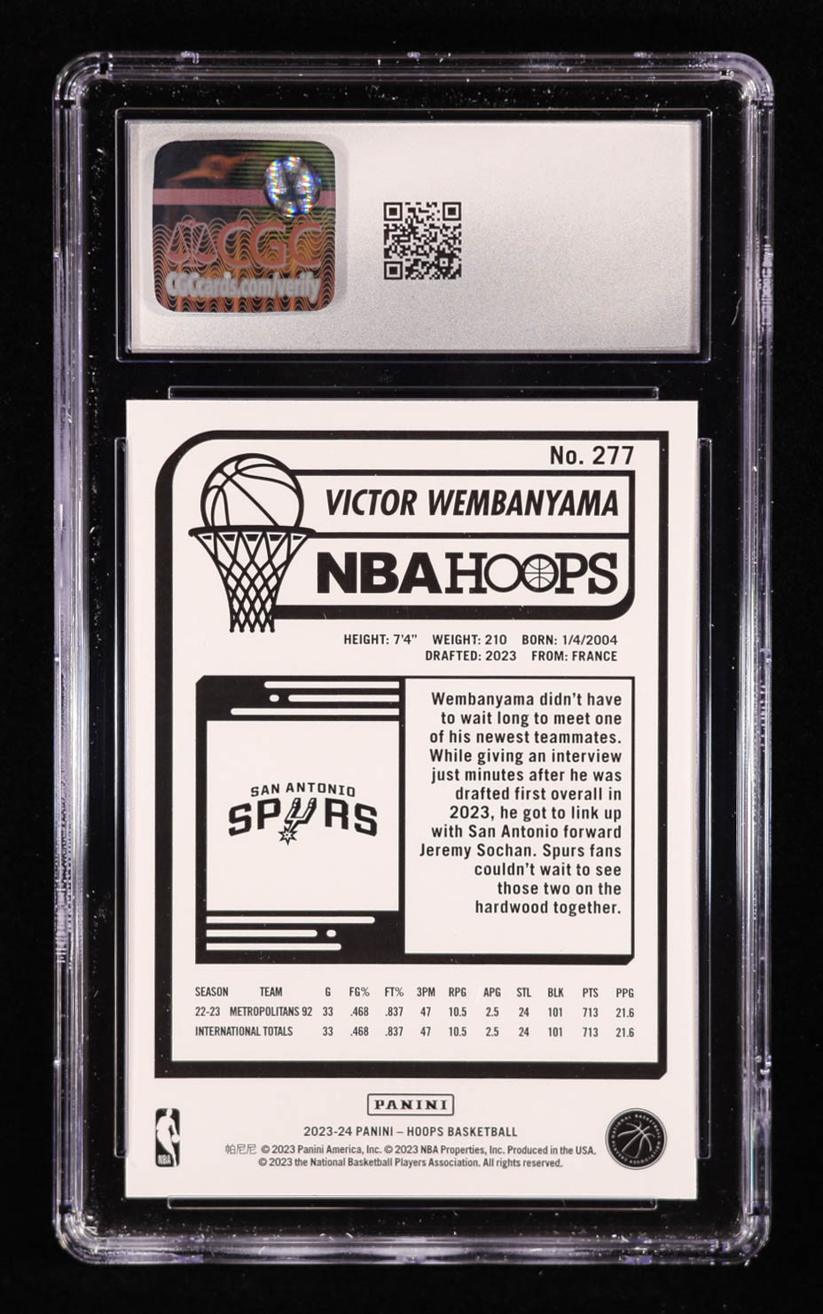 Victor Wembanyama 2023-24 Hoops #277 RC (CGC 10) at PristineAuction.com Victor Wembanyama 2023-24 Hoops #277 RC (CGC 10) at PristineAuction.com