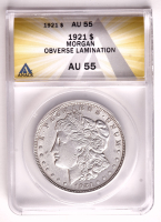 Mint Error 1921 Morgan Dollar Obverse Lamination (ANACS AU55) at PristineAuction.com