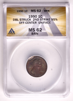 Mint Error 1990 Lincoln Cent Double Struck 2nd Strike 95% Off-Center Uniface (ANACS MS62 BN) at PristineAuction.com