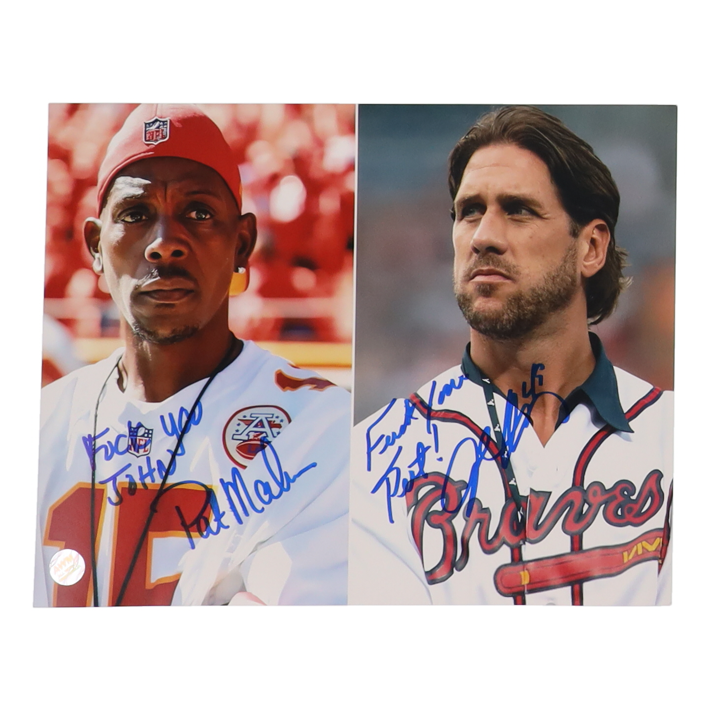 Pat Mahomes & John Rocker Signed 8x10 Photo Inscribed "F*** You John" & "F*** You Pat!" (AWM) at PristineAuction.com Pat Mahomes & John Rocker Signed 8x10 Photo Inscribed "F*** You John" & "F*** You Pat!" (AWM) at PristineAuction.com