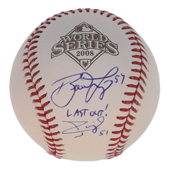 Brad Lidge & Carlos Ruiz Signed 2008 World Series Logo Baseball Inscribed "Last Out" (PSA) at PristineAuction.com Brad Lidge & Carlos Ruiz Signed 2008 World Series Logo Baseball Inscribed "Last Out" (PSA) at PristineAuction.com