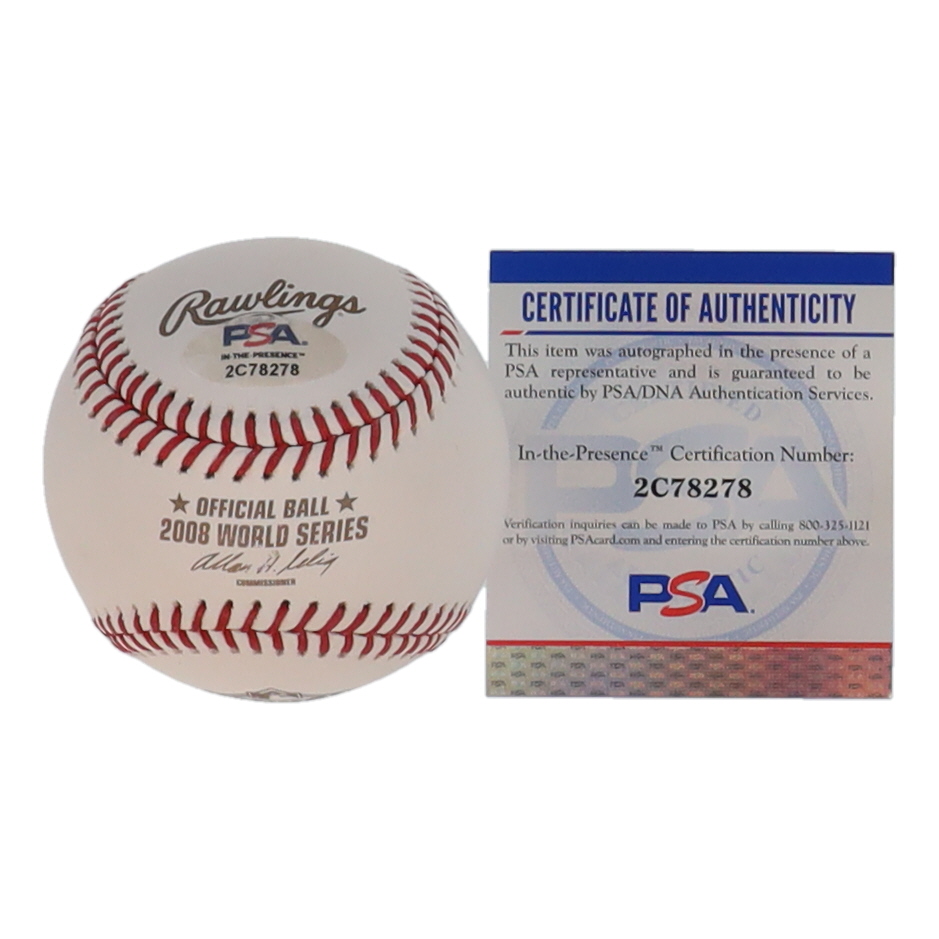 Brad Lidge & Carlos Ruiz Signed 2008 World Series Logo Baseball Inscribed "Last Out" (PSA) at PristineAuction.com Brad Lidge & Carlos Ruiz Signed 2008 World Series Logo Baseball Inscribed "Last Out" (PSA) at PristineAuction.com