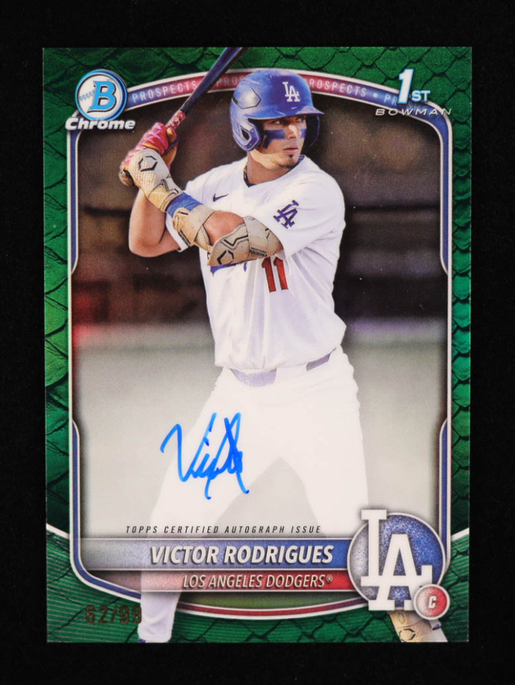 Victor Rodrigues 2025 Bowman Chrome Prospect Autographs Green Reptilian Refractors #CPAVR RC #62/99