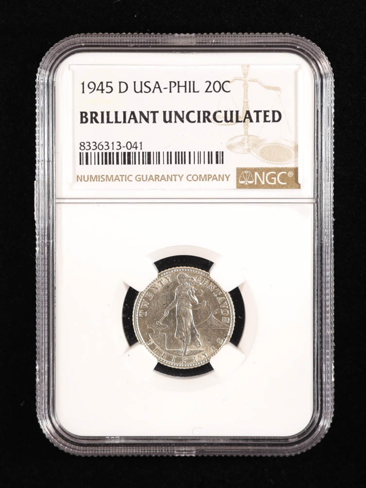 1945-D U.S. Commonwealth of the Philippines 20 Centavos - 75% Silver Coin (NGC Brilliant Details) at PristineAuction.com 1945-D U.S. Commonwealth of the Philippines 20 Centavos - 75% Silver Coin (NGC Brilliant Details) at PristineAuction.com
