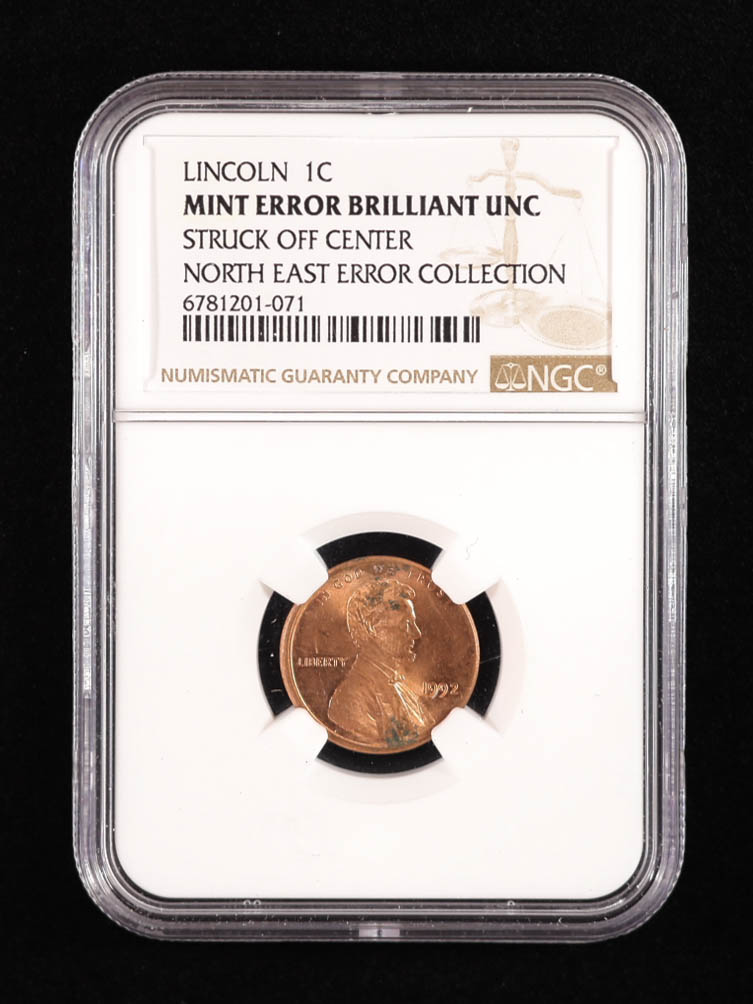 1992 Lincoln Cent, North East Error Collection - Mint Error Struck Off Center (NGC BRILLIANT UNCIRCULATED) at PristineAuction.com 1992 Lincoln Cent, North East Error Collection - Mint Error Struck Off Center (NGC BRILLIANT UNCIRCULATED) at PristineAuction.com
