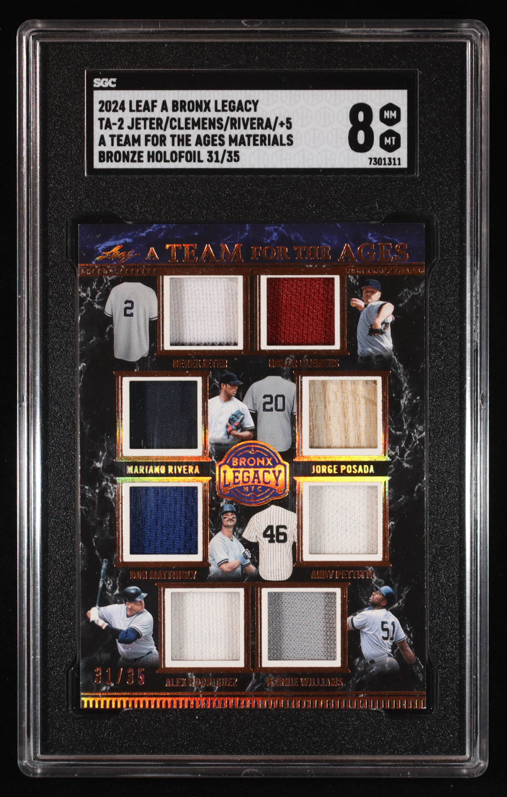 2024 Leaf A Bronx Legacy A Team for the Ages Memorabilia Spectrum Bronze Holofoil Derek Jeter / Roger Clemens / Mariano Rivera / Jorge Posada / Don Mattingly / Andy Pettitte / Alex Rodriguez / Bernie Williams #TA2 #31/35 (SGC 8) at PristineAuction.com 2024 Leaf A Bronx Legacy A Team for the Ages Memorabilia Spectrum Bronze Holofoil Derek Jeter / Roger Clemens / Mariano Rivera / Jorge Posada / Don Mattingly / Andy Pettitte / Alex Rodriguez / Bernie Williams #TA2 #31/35 (SGC 8) at PristineAuction.com