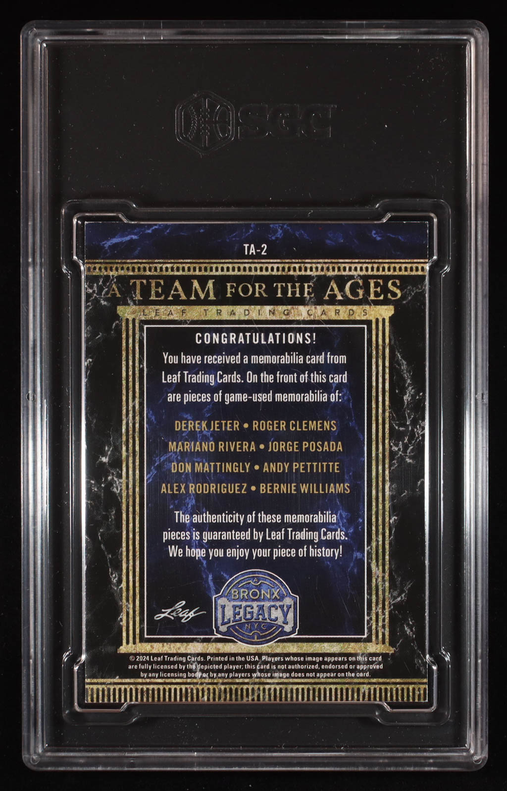 2024 Leaf A Bronx Legacy A Team for the Ages Memorabilia Spectrum Bronze Holofoil Derek Jeter / Roger Clemens / Mariano Rivera / Jorge Posada / Don Mattingly / Andy Pettitte / Alex Rodriguez / Bernie Williams #TA2 #31/35 (SGC 8) at PristineAuction.com 2024 Leaf A Bronx Legacy A Team for the Ages Memorabilia Spectrum Bronze Holofoil Derek Jeter / Roger Clemens / Mariano Rivera / Jorge Posada / Don Mattingly / Andy Pettitte / Alex Rodriguez / Bernie Williams #TA2 #31/35 (SGC 8) at PristineAuction.com