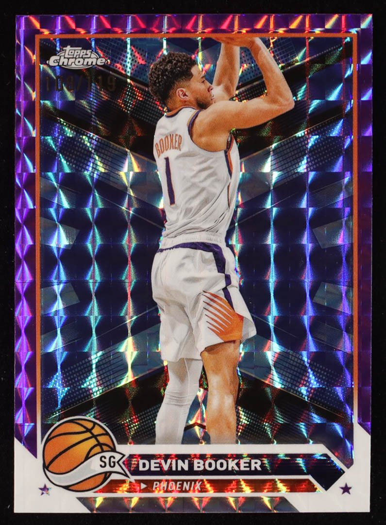 Devin Booker 2023-24 Topps Chrome Purple Geometric Refractors #181 #108/119 at PristineAuction.com Devin Booker 2023-24 Topps Chrome Purple Geometric Refractors #181 #108/119 at PristineAuction.com