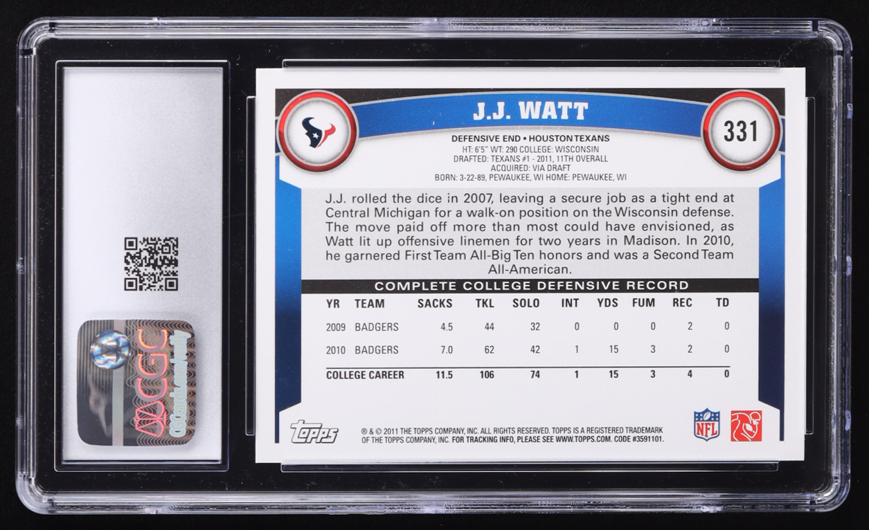 J.J. Watt 2011 Topps #331 RC (CGC 10) at PristineAuction.com J.J. Watt 2011 Topps #331 RC (CGC 10) at PristineAuction.com