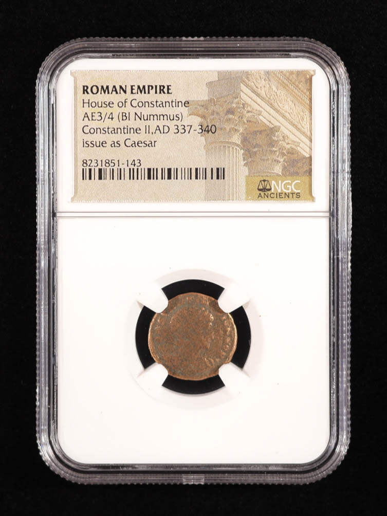 Roman Empire - House of Constantine, Constantine II, AD 337-340, AE3/4 (BI Nummus) Issued as Caesar (NGC) at PristineAuction.com Roman Empire - House of Constantine, Constantine II, AD 337-340, AE3/4 (BI Nummus) Issued as Caesar (NGC) at PristineAuction.com