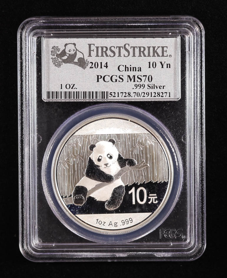 2014 China Silver Panda ¥10, First Strike - 1 Ounce .999 Fine Silver Coin (PCGS MS70) at PristineAuction.com 2014 China Silver Panda ¥10, First Strike - 1 Ounce .999 Fine Silver Coin (PCGS MS70) at PristineAuction.com