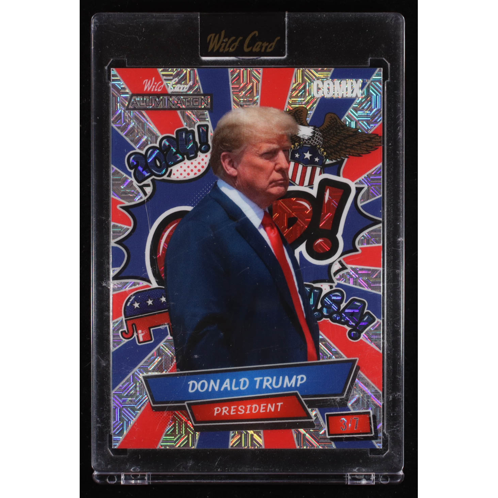 Donald Trump 2024 Wild Card Alumination Comix GOP! Red and Blue Mojo #DT3 #3/7 at PristineAuction.com