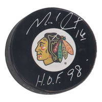 Michel Goulet Signed Blackhawks Logo Hockey Puck Inscribed "H.O.F. 98" (Schwartz & Frozen Pond) at PristineAuction.com