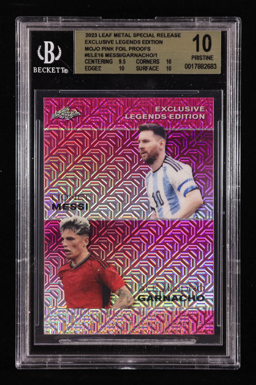 Lionel Messi / Alejandro Garnacho 2023 Leaf Metal Special Release Exclusive Legends Edition Mojo Pink Foil Proofs #ELE16 #1/1 (BGS 10) at PristineAuction.com Lionel Messi / Alejandro Garnacho 2023 Leaf Metal Special Release Exclusive Legends Edition Mojo Pink Foil Proofs #ELE16 #1/1 (BGS 10) at PristineAuction.com
