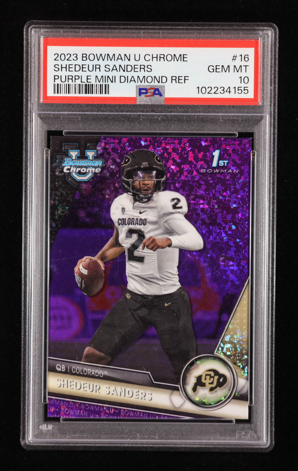 Shedeur Sanders 2023 Bowman Chrome University Purple Mini Diamonds Refractors #16 #085/399 RC (PSA 10) at PristineAuction.com Shedeur Sanders 2023 Bowman Chrome University Purple Mini Diamonds Refractors #16 #085/399 RC (PSA 10) at PristineAuction.com