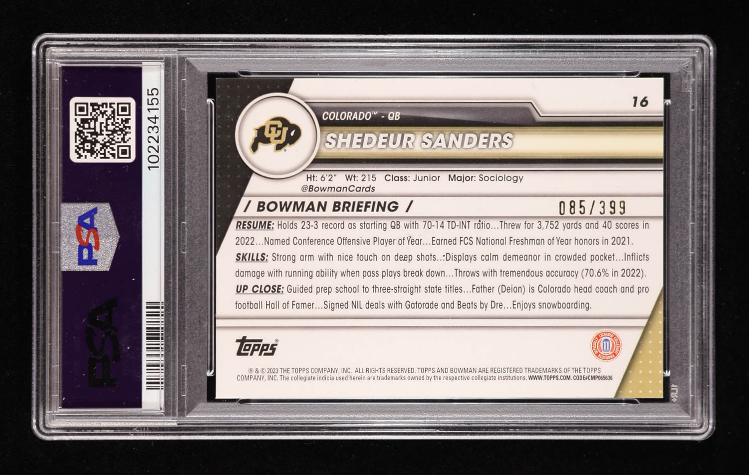 Shedeur Sanders 2023 Bowman Chrome University Purple Mini Diamonds Refractors #16 #085/399 RC (PSA 10) at PristineAuction.com Shedeur Sanders 2023 Bowman Chrome University Purple Mini Diamonds Refractors #16 #085/399 RC (PSA 10) at PristineAuction.com