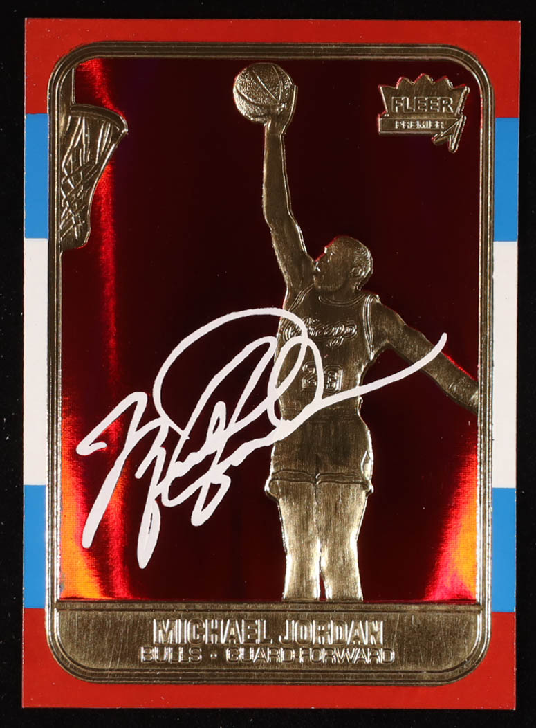 Michael Jordan 1998 Fleer 23KT Gold 1986 Rookie Signature Series Red Holo Refractor #NNO at PristineAuction.com Michael Jordan 1998 Fleer 23KT Gold 1986 Rookie Signature Series Red Holo Refractor #NNO at PristineAuction.com