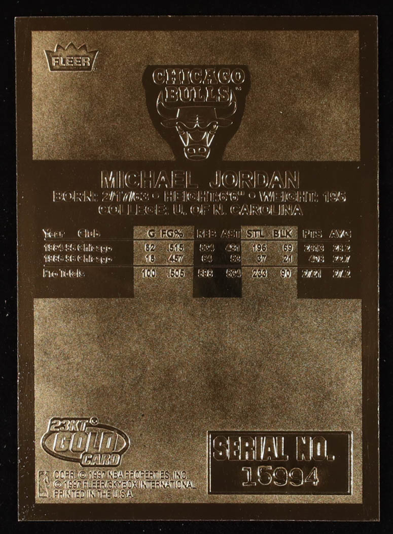 Michael Jordan 1998 Fleer 23KT Gold 1986 Rookie Signature Series Red Holo Refractor #NNO at PristineAuction.com Michael Jordan 1998 Fleer 23KT Gold 1986 Rookie Signature Series Red Holo Refractor #NNO at PristineAuction.com