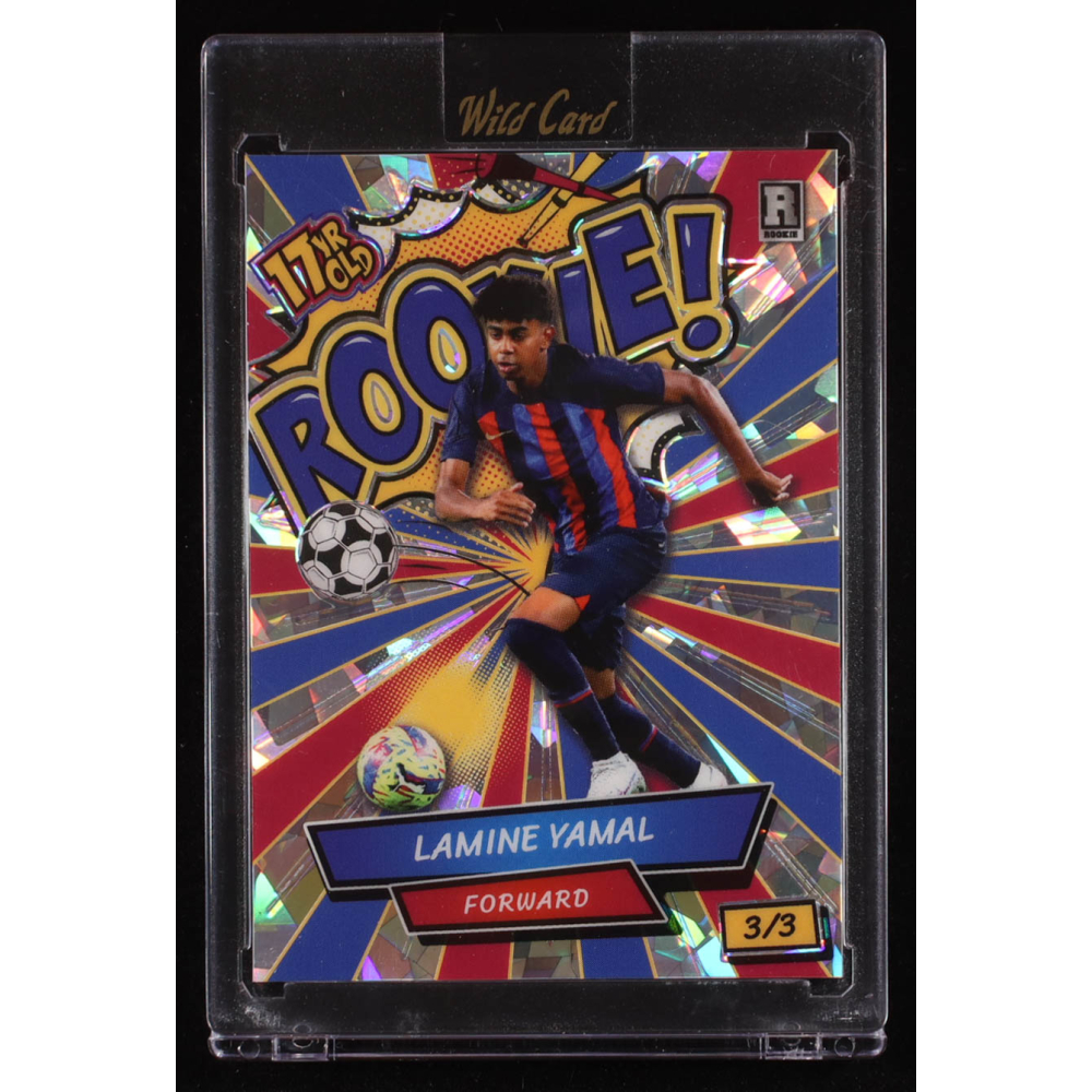 Lamine Yamal 2024 Wild Card Comix 17 Year Old Rookie! Red Blue Silver Crystal #LY5 RC #3/3 at PristineAuction.com