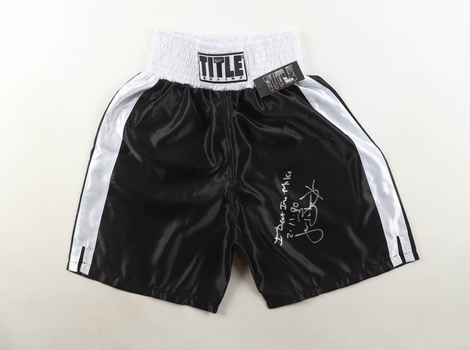 James "Buster" Douglas Signed Title Trim Boxing Trunks Inscribed "I Defeat Iron Mike 2-11-90" (Schwartz) at PristineAuction.com James "Buster" Douglas Signed Title Trim Boxing Trunks Inscribed "I Defeat Iron Mike 2-11-90" (Schwartz) at PristineAuction.com
