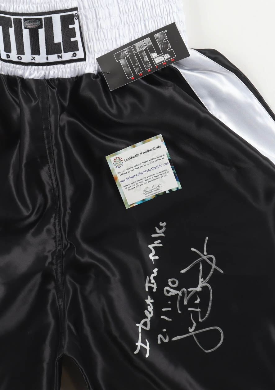 James "Buster" Douglas Signed Title Trim Boxing Trunks Inscribed "I Defeat Iron Mike 2-11-90" (Schwartz) at PristineAuction.com James "Buster" Douglas Signed Title Trim Boxing Trunks Inscribed "I Defeat Iron Mike 2-11-90" (Schwartz) at PristineAuction.com