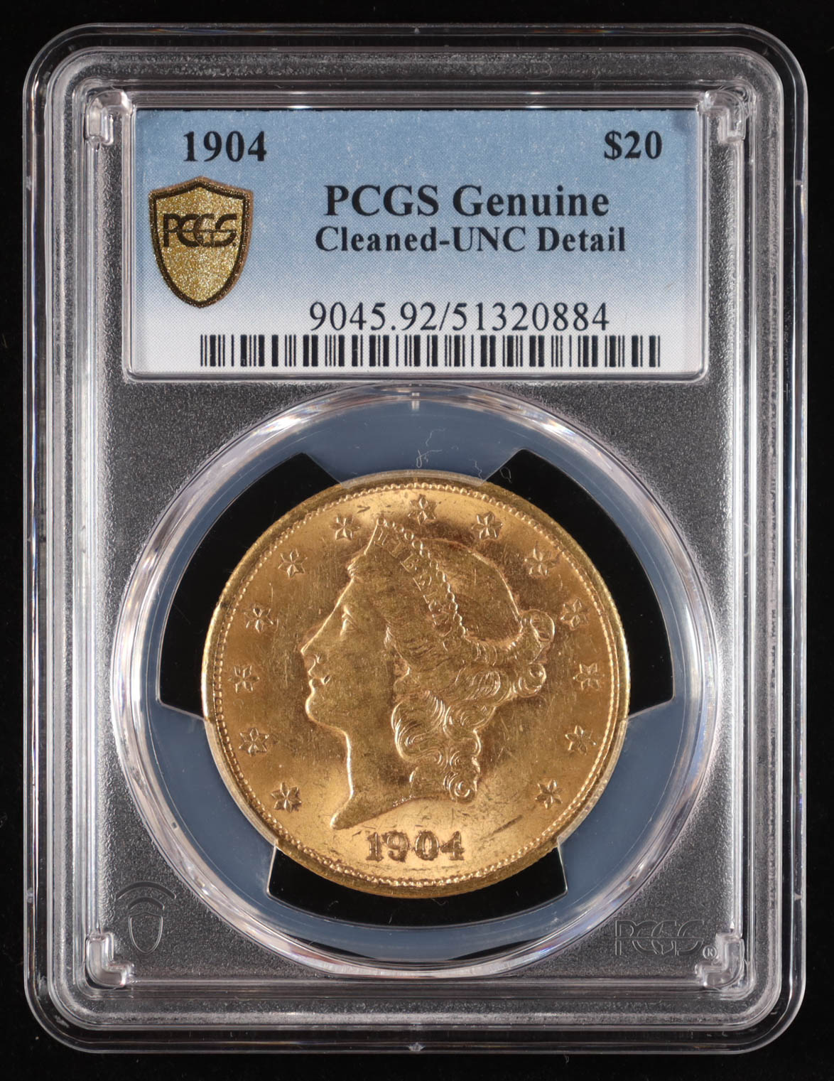 1904 Liberty Double Eagle $20 Gold Coin - Gold Shield - Cleaned - UNC Detail (PCGS Genuine) at PristineAuction.com 1904 Liberty Double Eagle $20 Gold Coin - Gold Shield - Cleaned - UNC Detail (PCGS Genuine) at PristineAuction.com