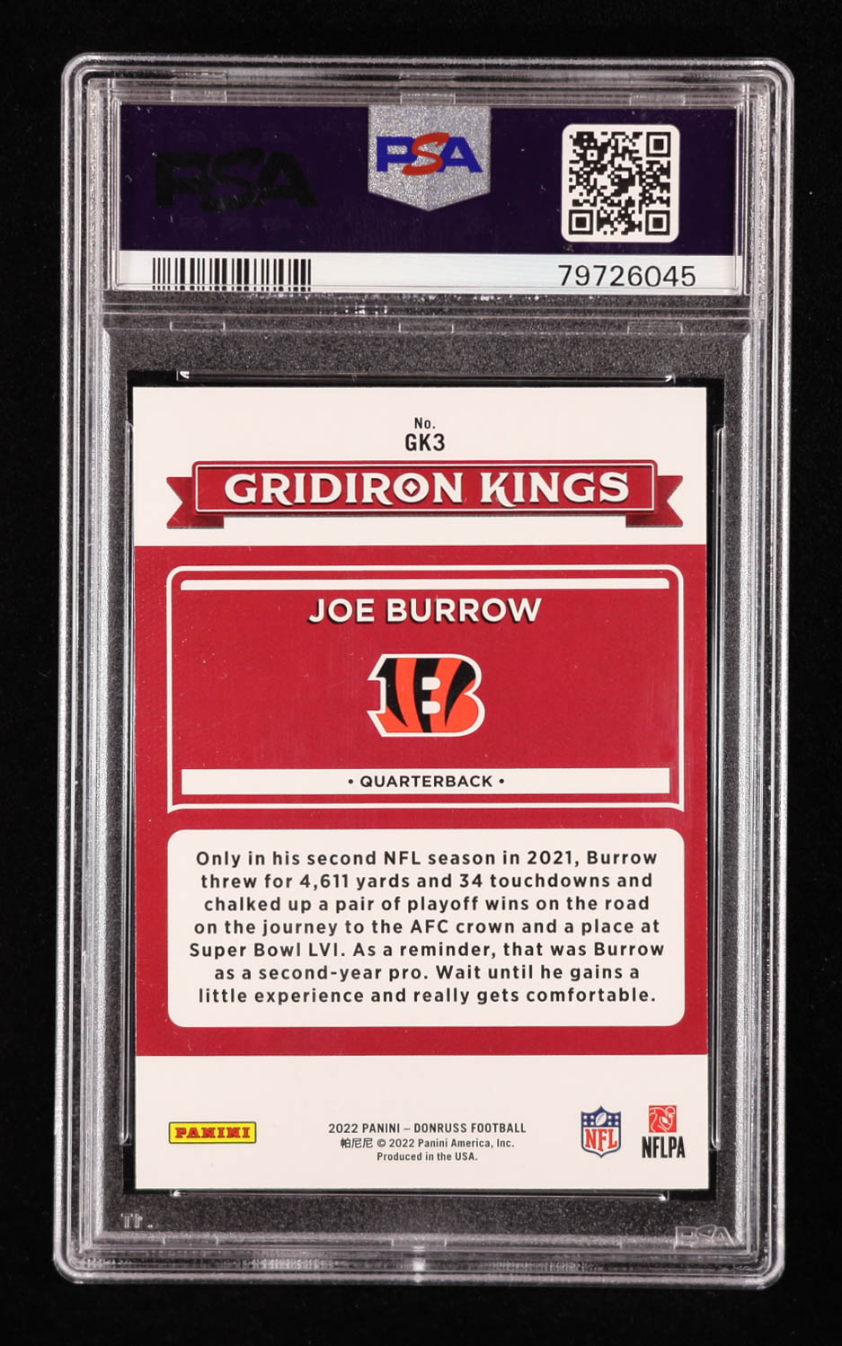 Joe Burrow 2022 Donruss Gridiron Kings Studio Series #GK3 #24/100 (PSA 9) at PristineAuction.com Joe Burrow 2022 Donruss Gridiron Kings Studio Series #GK3 #24/100 (PSA 9) at PristineAuction.com