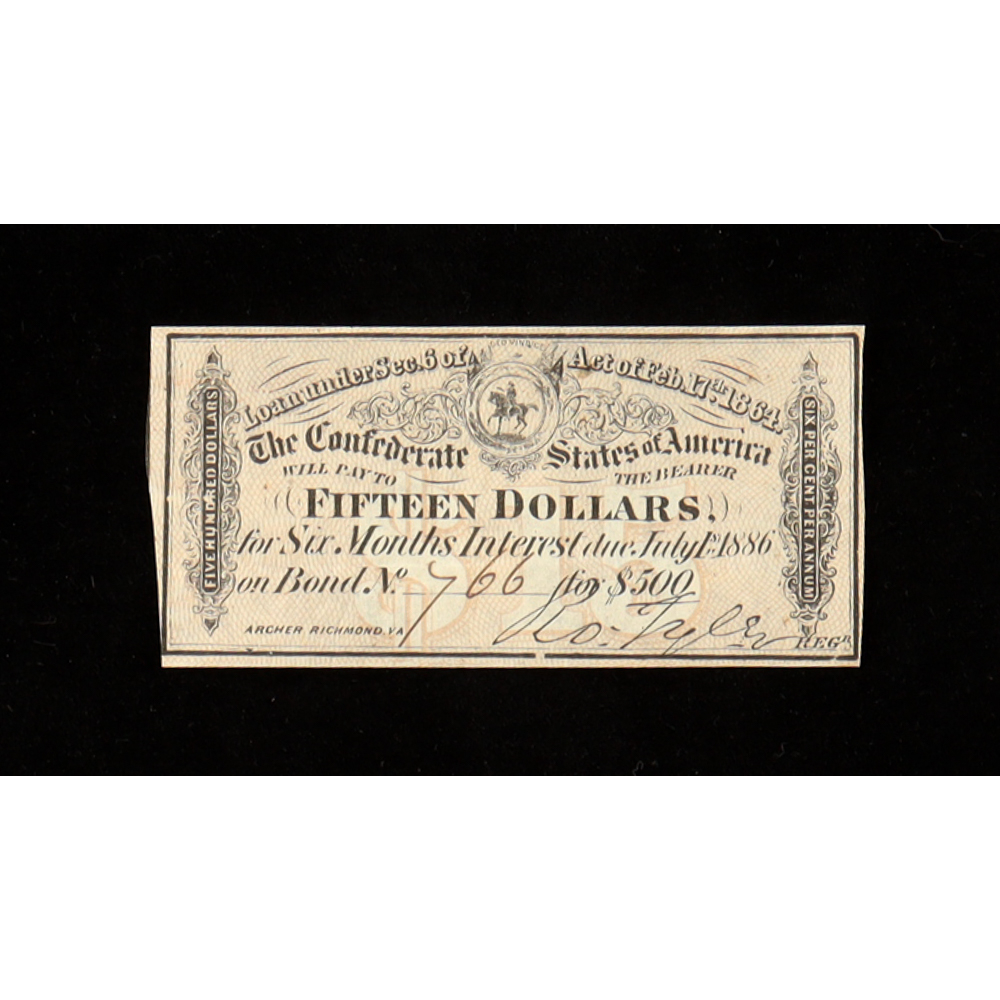 1864 $15 Confederate States of America CSA Bank Note Bond at PristineAuction.com