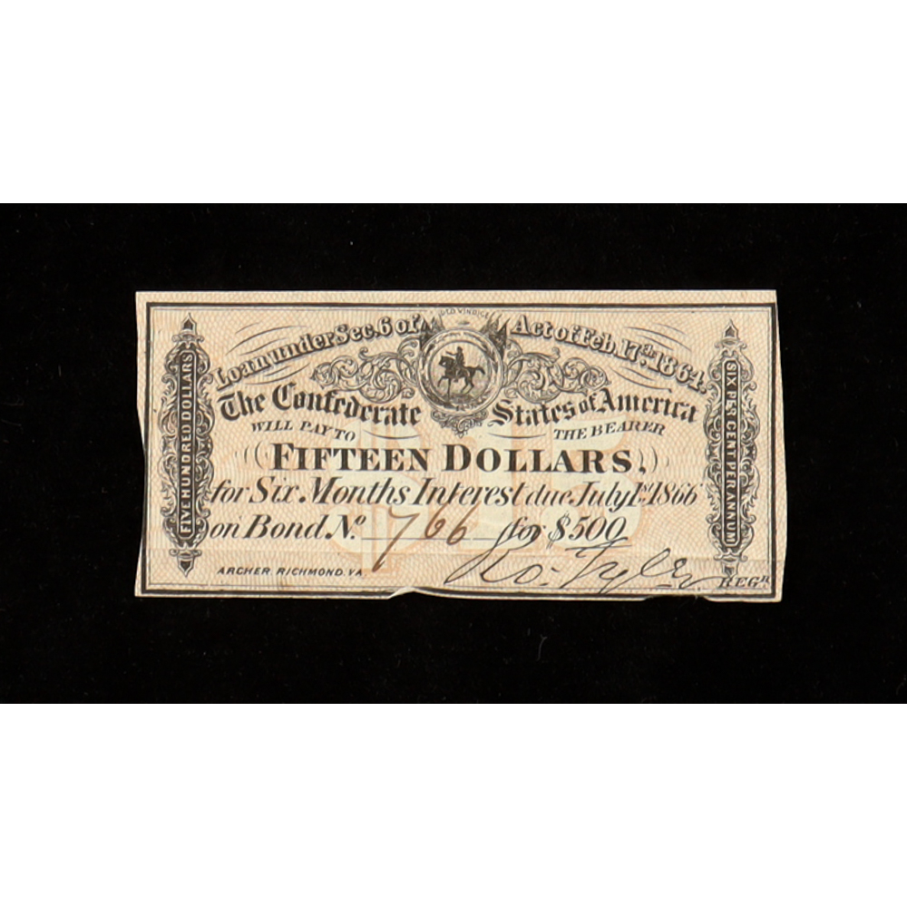 1864 $15 Confederate States of America CSA Bank Note Bond at PristineAuction.com