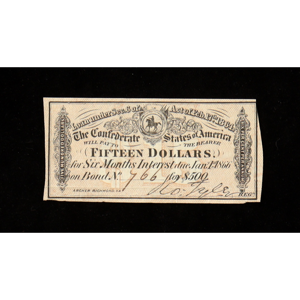1864 $15 Confederate States of America CSA Bank Note Bond at PristineAuction.com