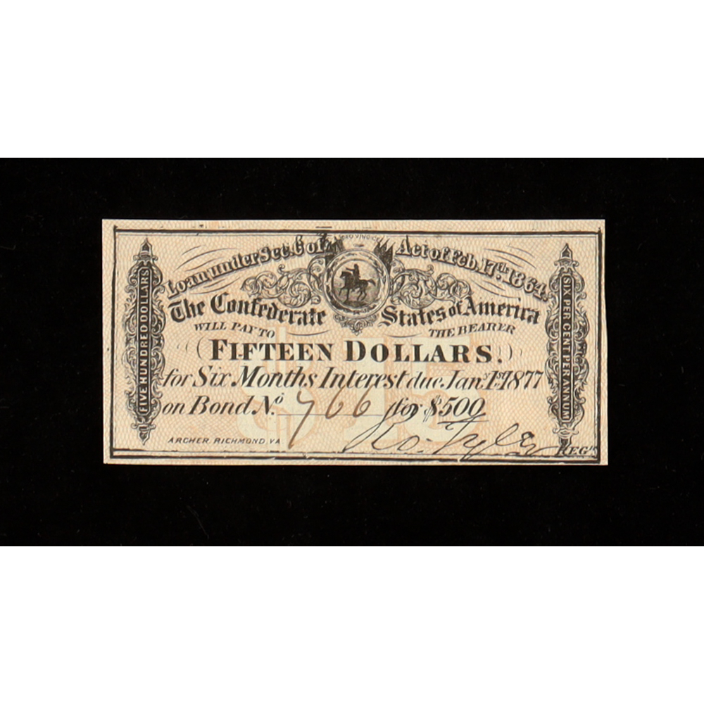 1864 $15 Confederate States of America CSA Bank Note Bond at PristineAuction.com