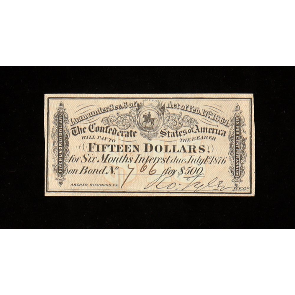 1864 $15 Confederate States of America CSA Bank Note Bond at PristineAuction.com