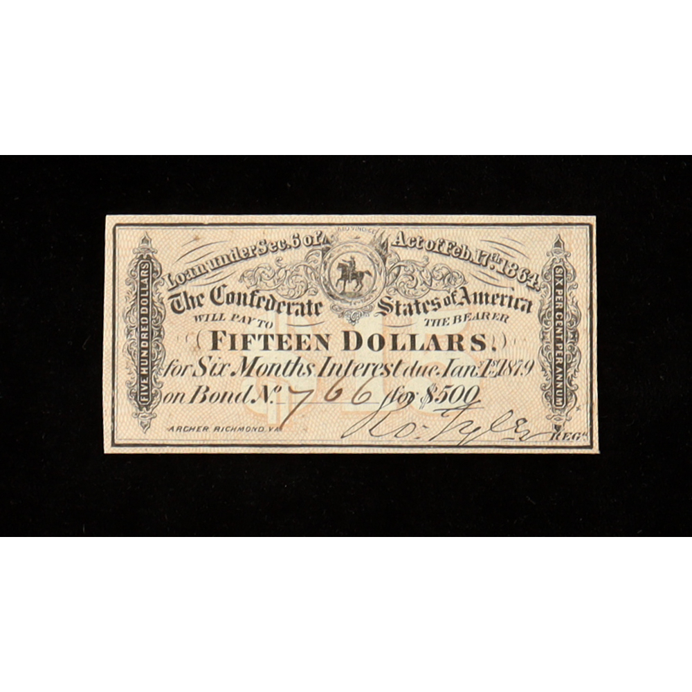 1864 $15 Confederate States of America CSA Bank Note Bond at PristineAuction.com