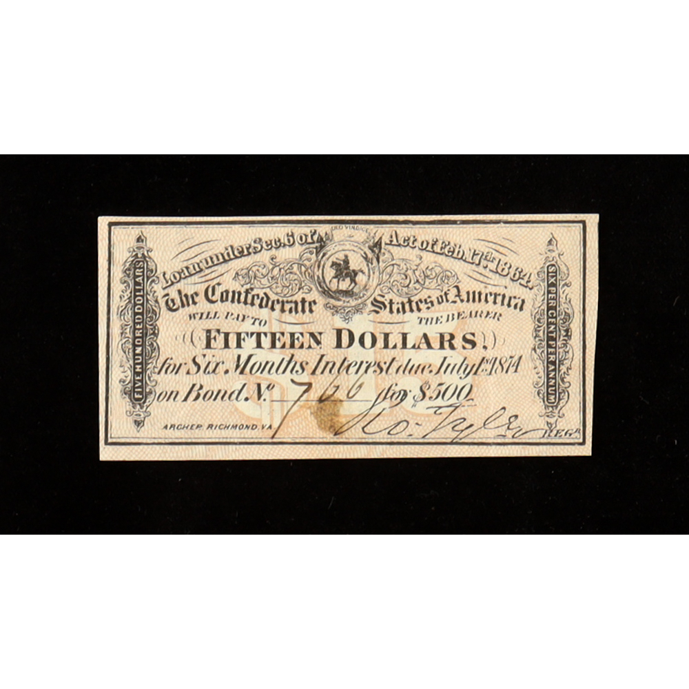 1864 $15 Confederate States of America CSA Bank Note Bond at PristineAuction.com