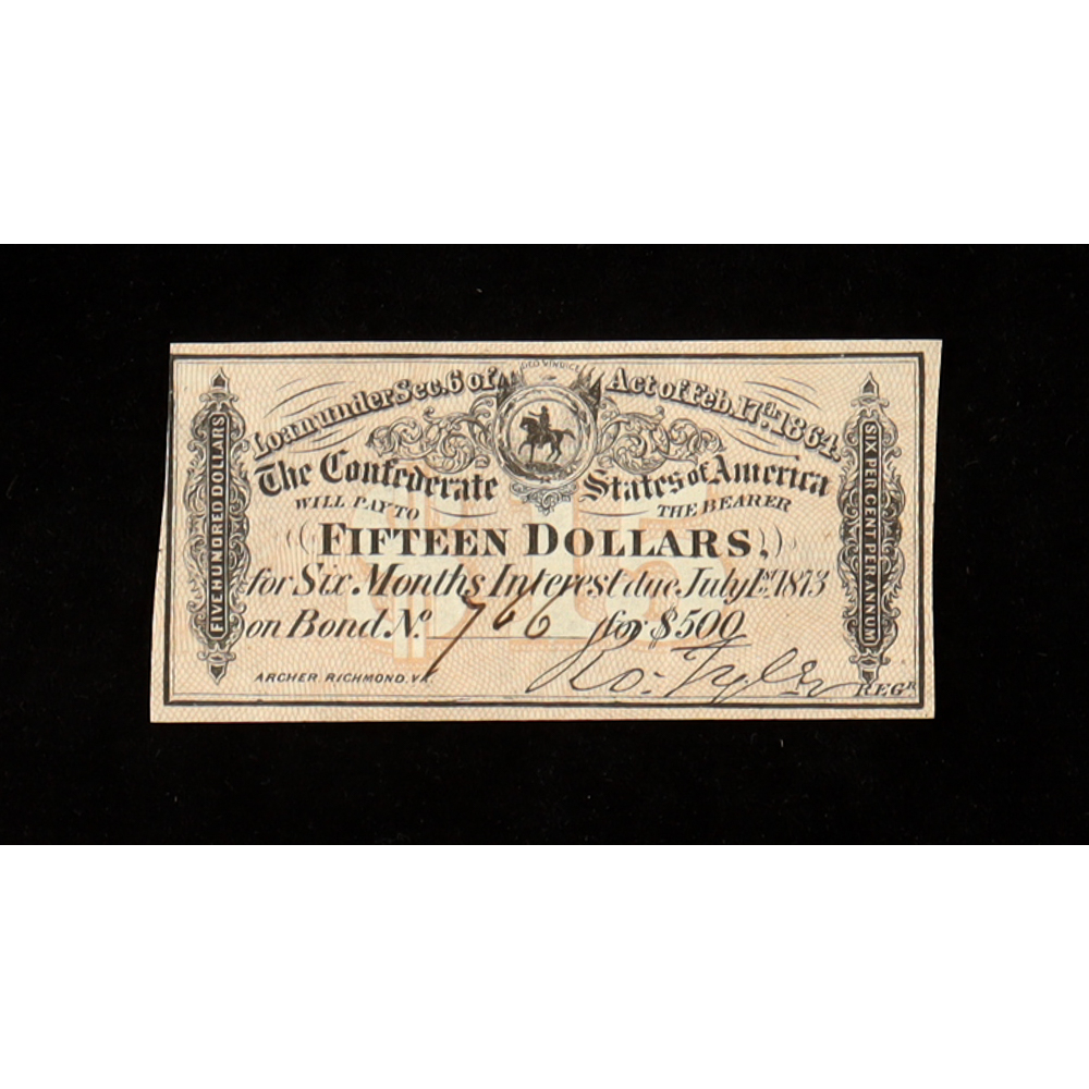 1864 $15 Confederate States of America CSA Bank Note Bond at PristineAuction.com