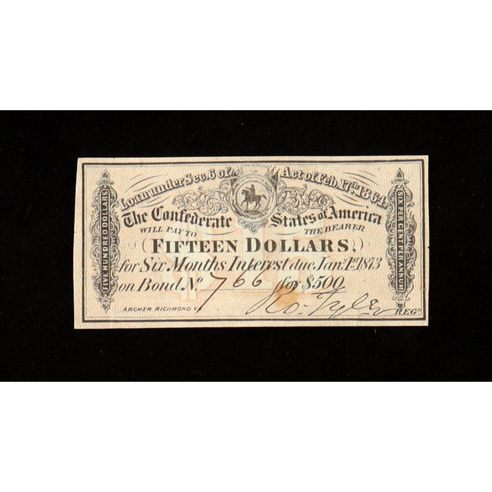 1864 $15 Confederate States of America CSA Bank Note Bond at PristineAuction.com