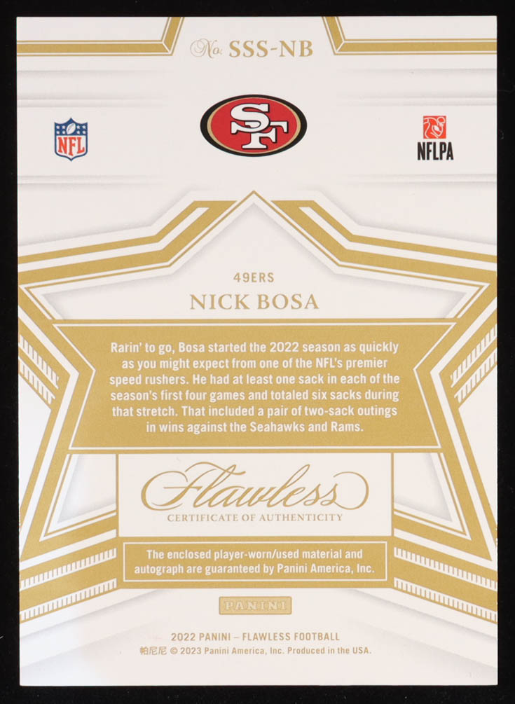 Nick Bosa 2022 Panini Flawless Star Swatch Signatures #21 #05/25 at PristineAuction.com Nick Bosa 2022 Panini Flawless Star Swatch Signatures #21 #05/25 at PristineAuction.com
