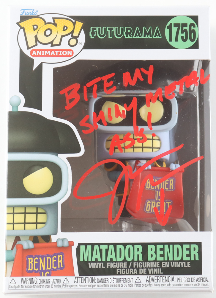 John DiMaggio Twice-Signed "Futurama" #1756 Matador Bender Funko Pop! Vinyl Figure Inscribed "Bite My Shiny Metal ***" (JSA) at PristineAuction.com John DiMaggio Twice-Signed "Futurama" #1756 Matador Bender Funko Pop! Vinyl Figure Inscribed "Bite My Shiny Metal ***" (JSA) at PristineAuction.com