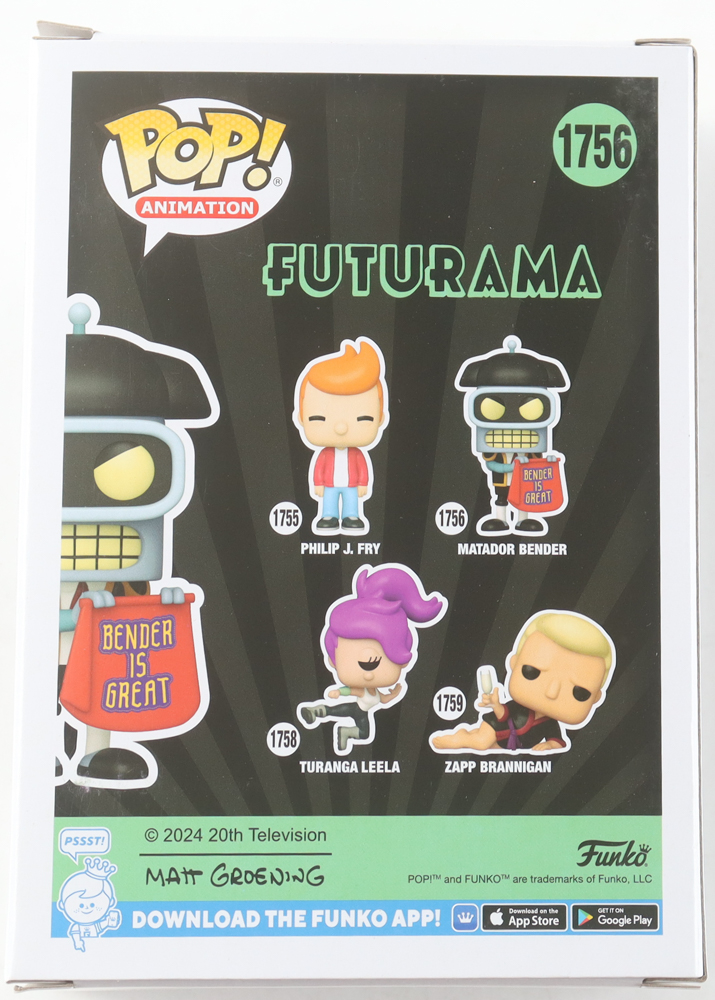 John DiMaggio Twice-Signed "Futurama" #1756 Matador Bender Funko Pop! Vinyl Figure Inscribed "Bite My Shiny Metal ***" (JSA) at PristineAuction.com John DiMaggio Twice-Signed "Futurama" #1756 Matador Bender Funko Pop! Vinyl Figure Inscribed "Bite My Shiny Metal ***" (JSA) at PristineAuction.com