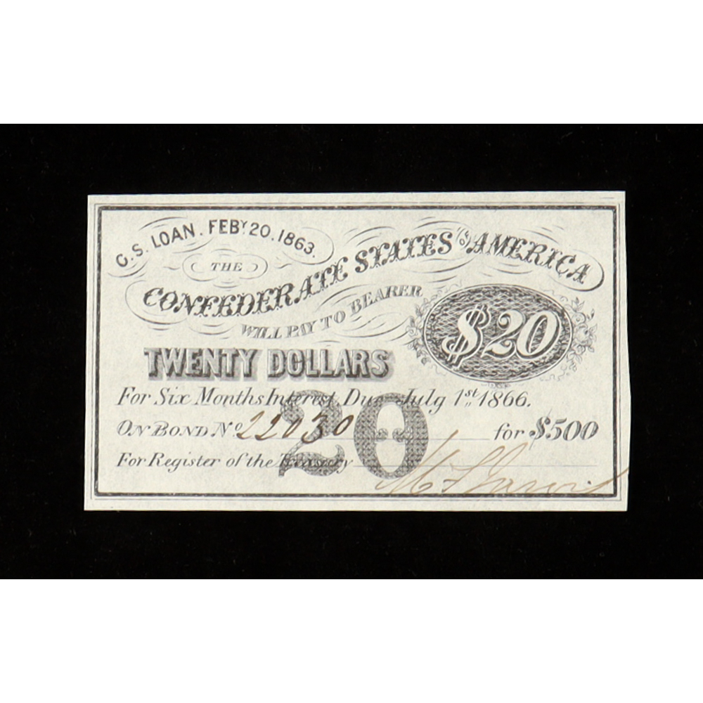 1863 $20 Confederate States of America CSA Bond Coupon at PristineAuction.com