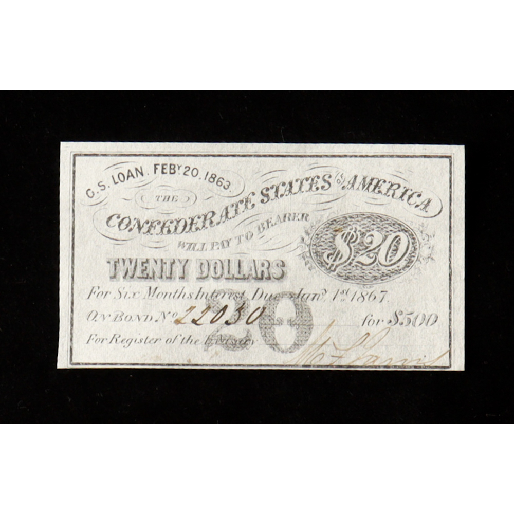 1863 $20 Confederate States of America CSA Bond Coupon at PristineAuction.com